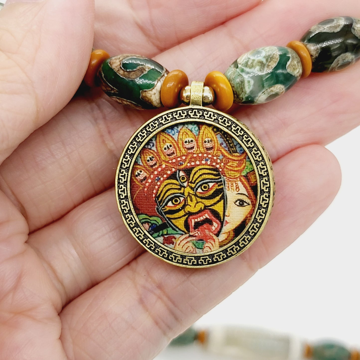 Zashi Lhamo Thang-ka (Past and Present Life) with Urna Ruyi & 3 Eye Dzi