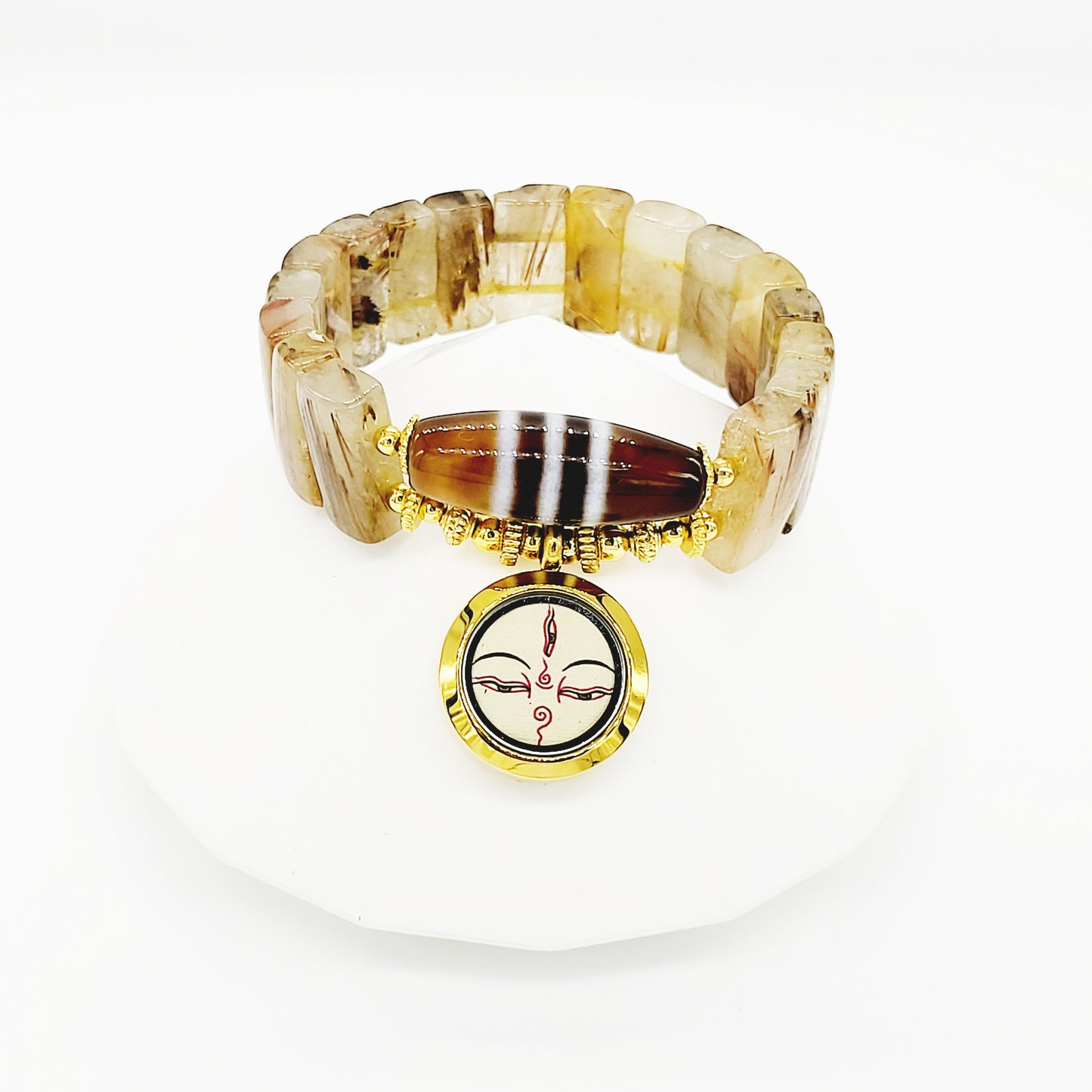 Bodhisattva Tara (White) Thang-ka with Striped Dzi