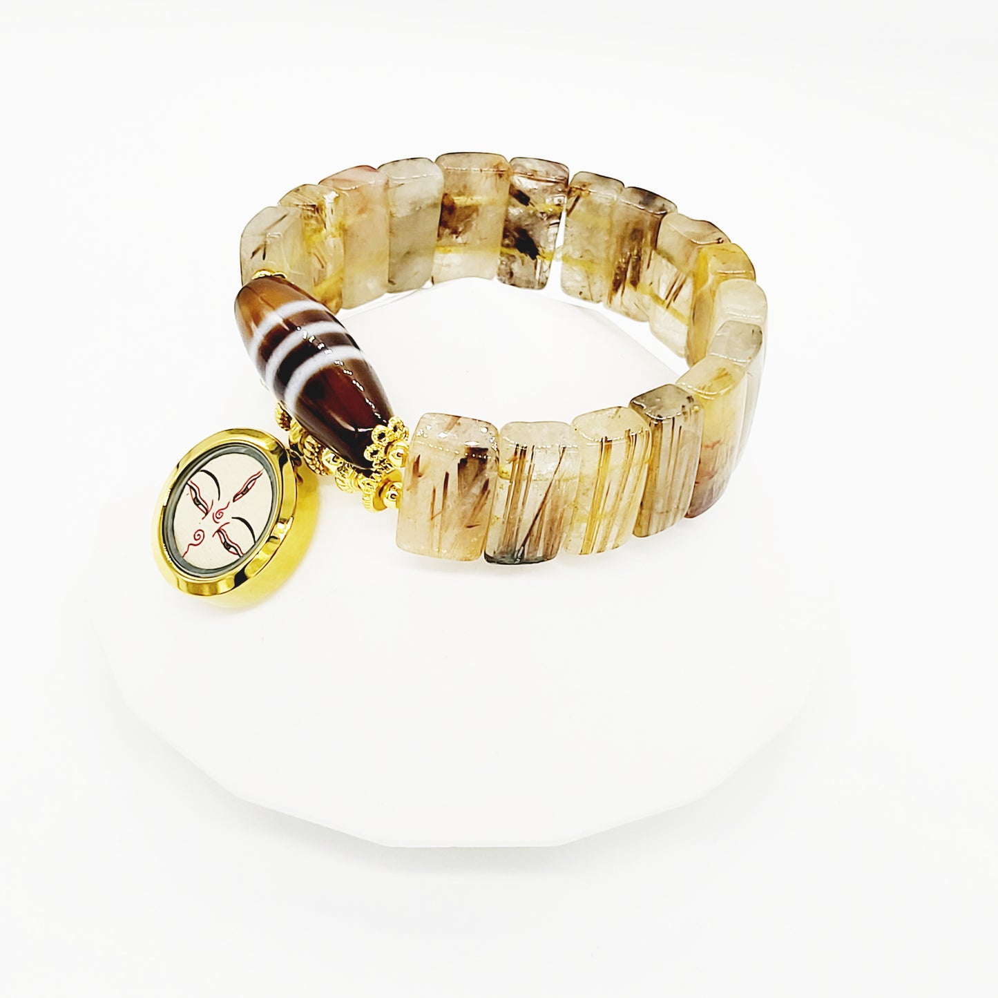 Bodhisattva Tara (White) Thang-ka with Striped Dzi