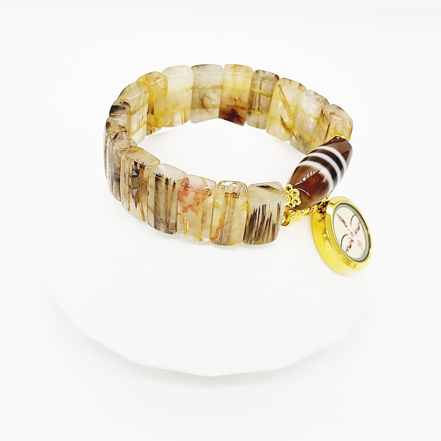 Bodhisattva Tara (White) Thang-ka with Striped Dzi