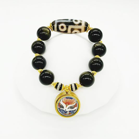 Fox Deity Thang-Ka with Cinnabar 6 Eye Dzi