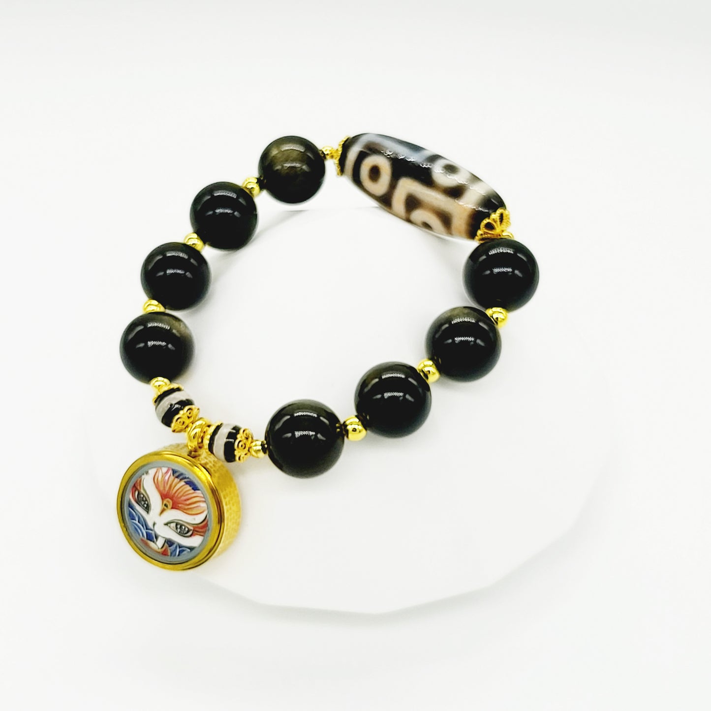 Fox Deity Thang-Ka with Cinnabar 6 Eye Dzi