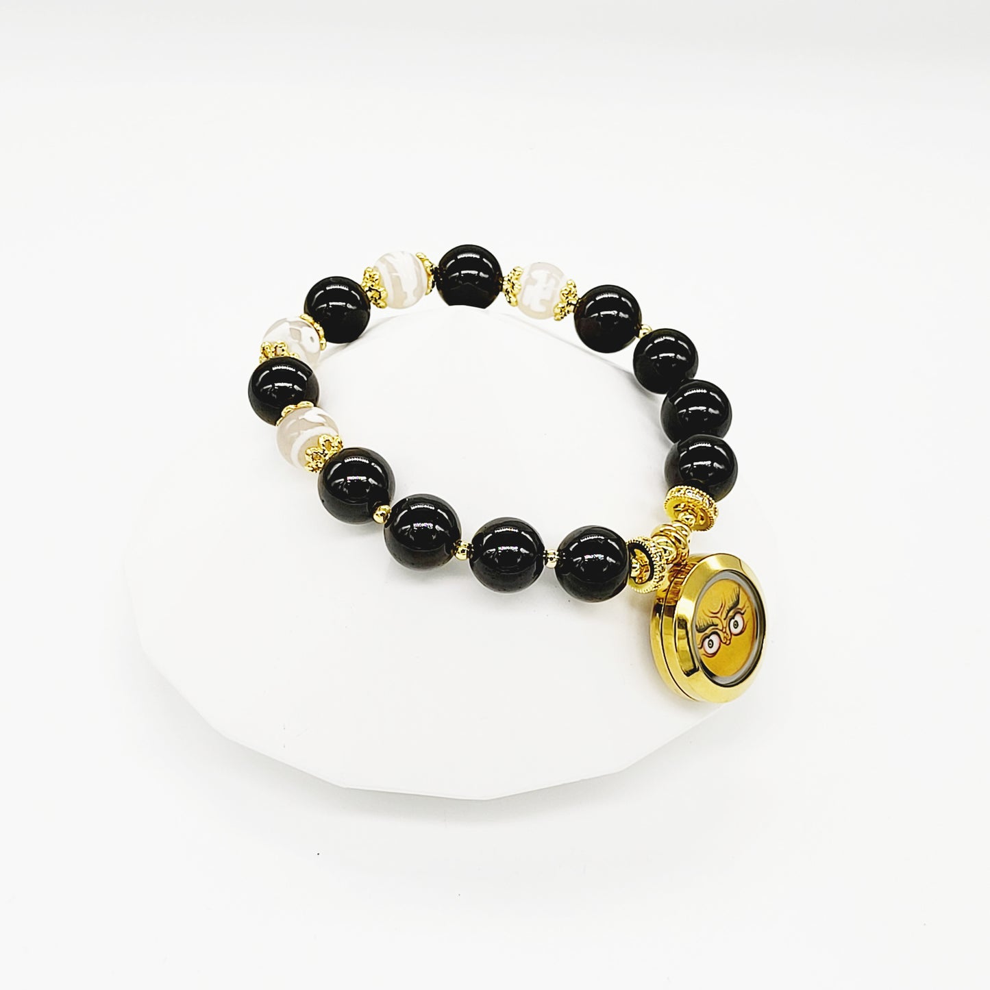 Yellow Jambhala Thang-ka with White Dzi Beads