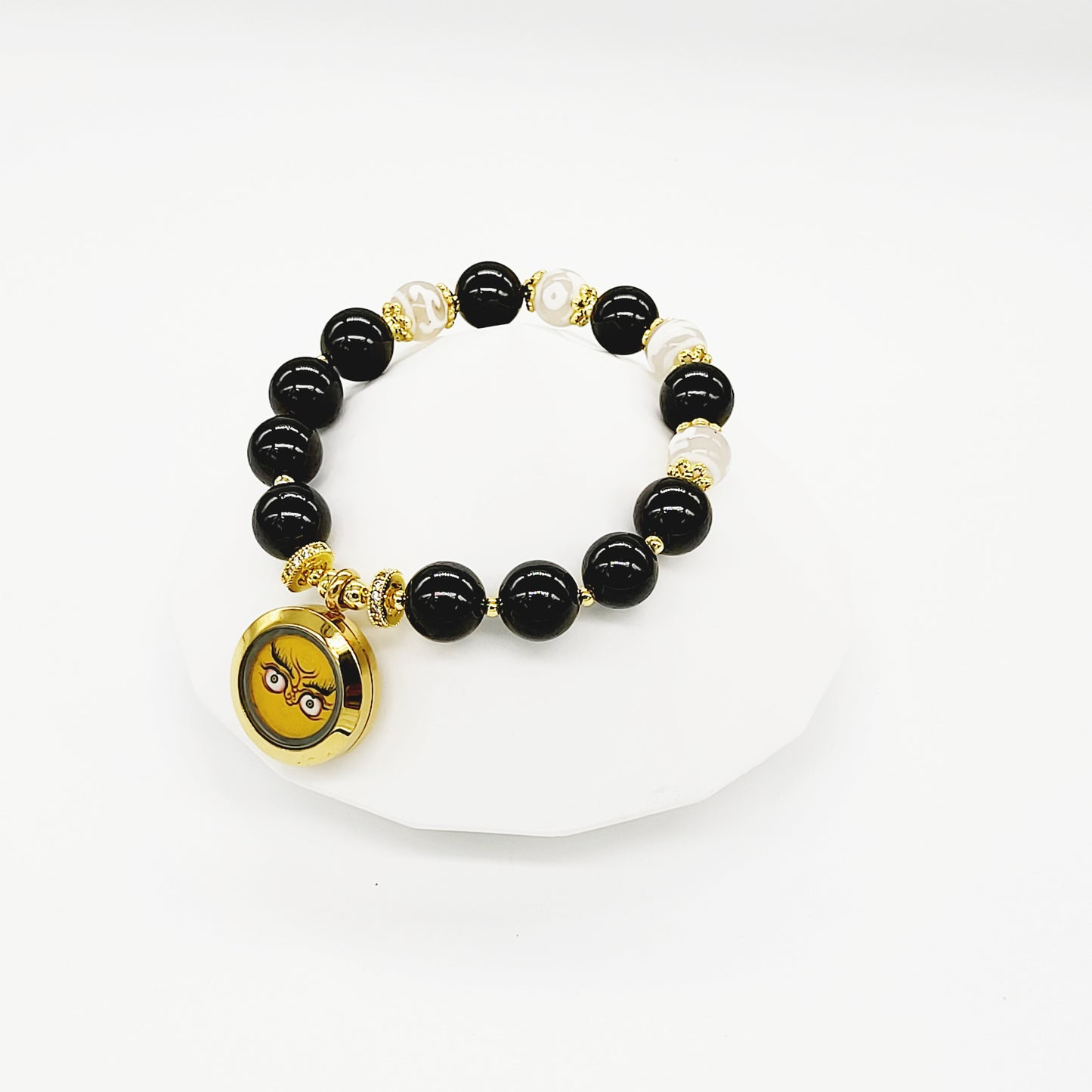 Yellow Jambhala Thang-ka with White Dzi Beads