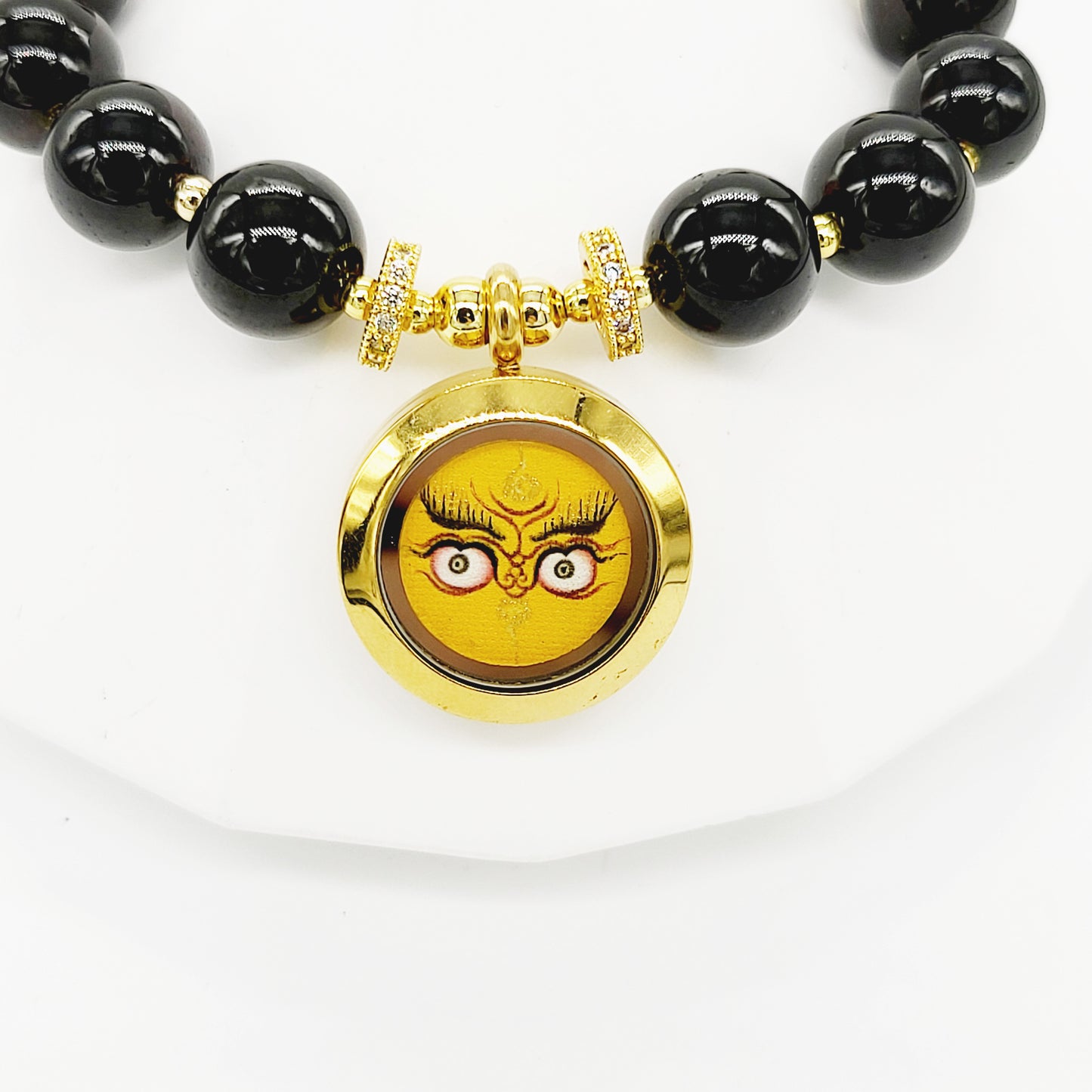 Yellow Jambhala Thang-ka with White Dzi Beads