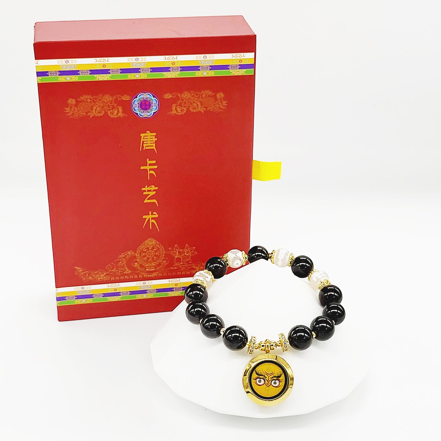 Yellow Jambhala Thang-ka with White Dzi Beads
